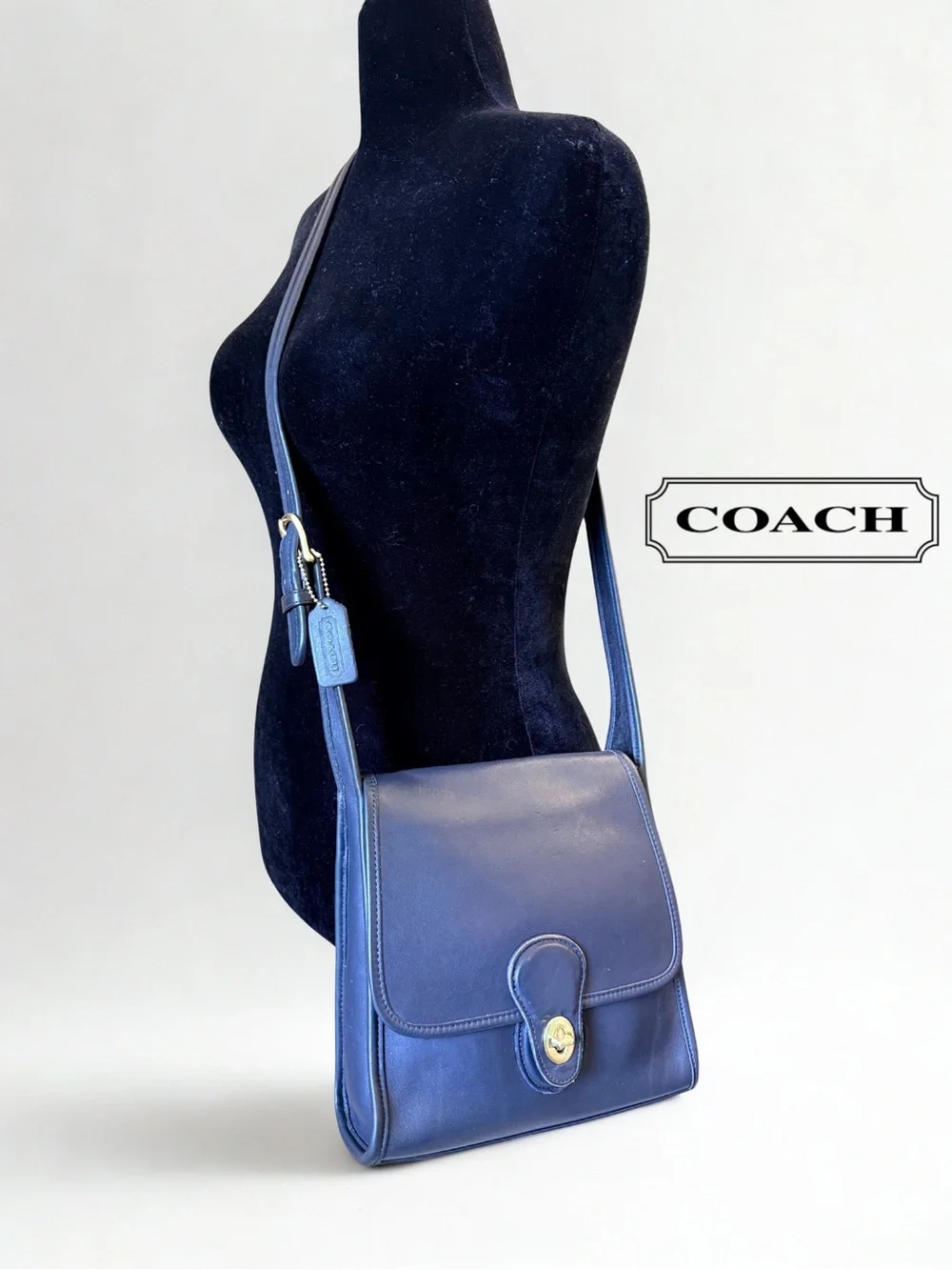VINTAGE Coach Shelburne Flap 9038 Navy Blue Leather Crossbody + Dust Bag - MINT